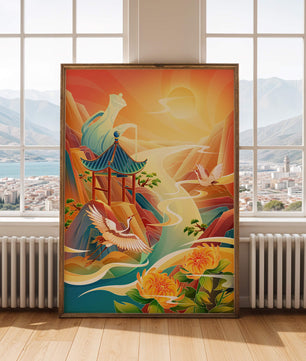Mystical landscape with cranes and serene mountains