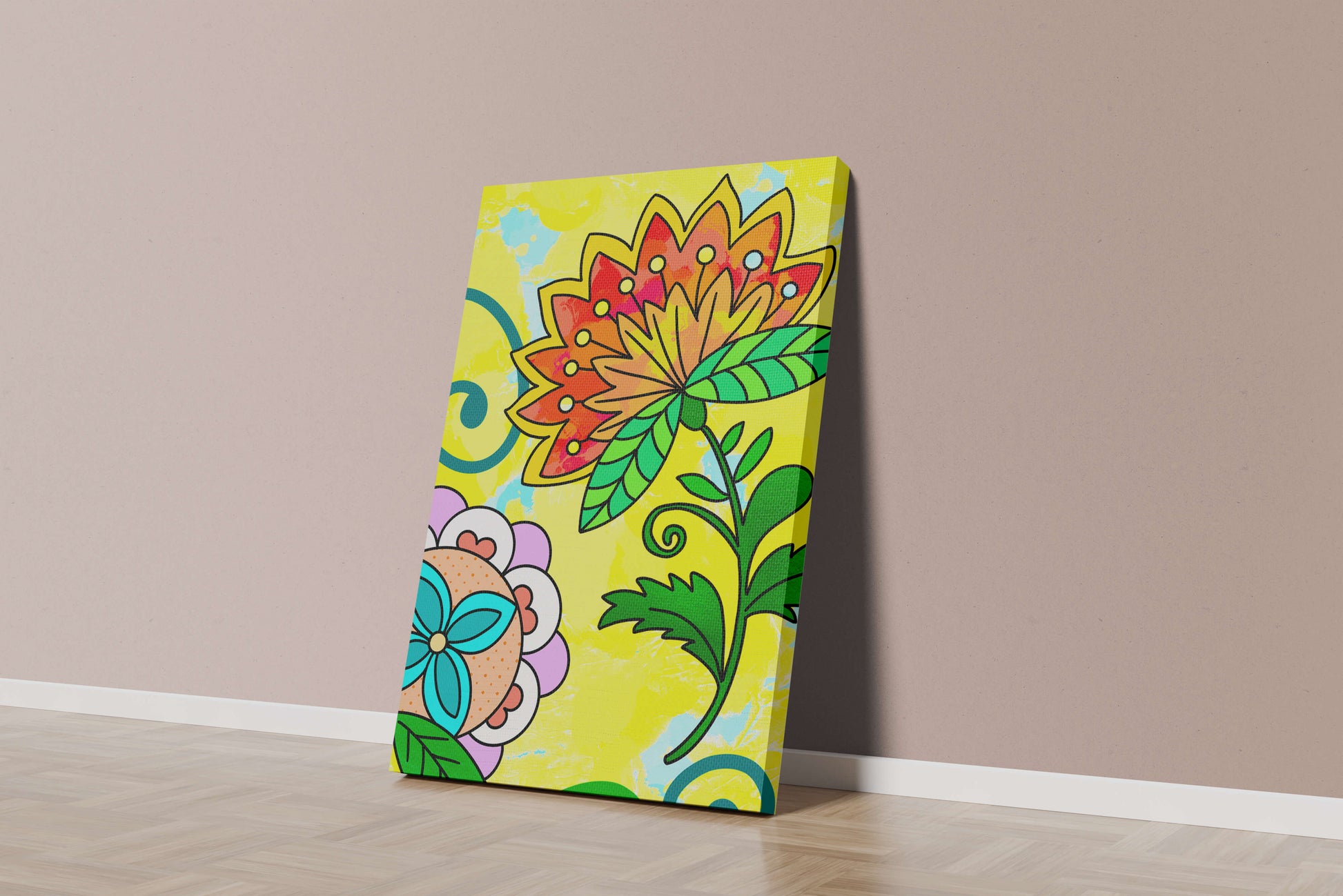 Colorful abstract floral illustration with bright yellow background