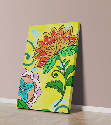 Colorful abstract floral illustration with bright yellow background