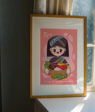 Personnage de dessin animé charmant en tenue traditionnelle tenant un panier de nourriture coloré