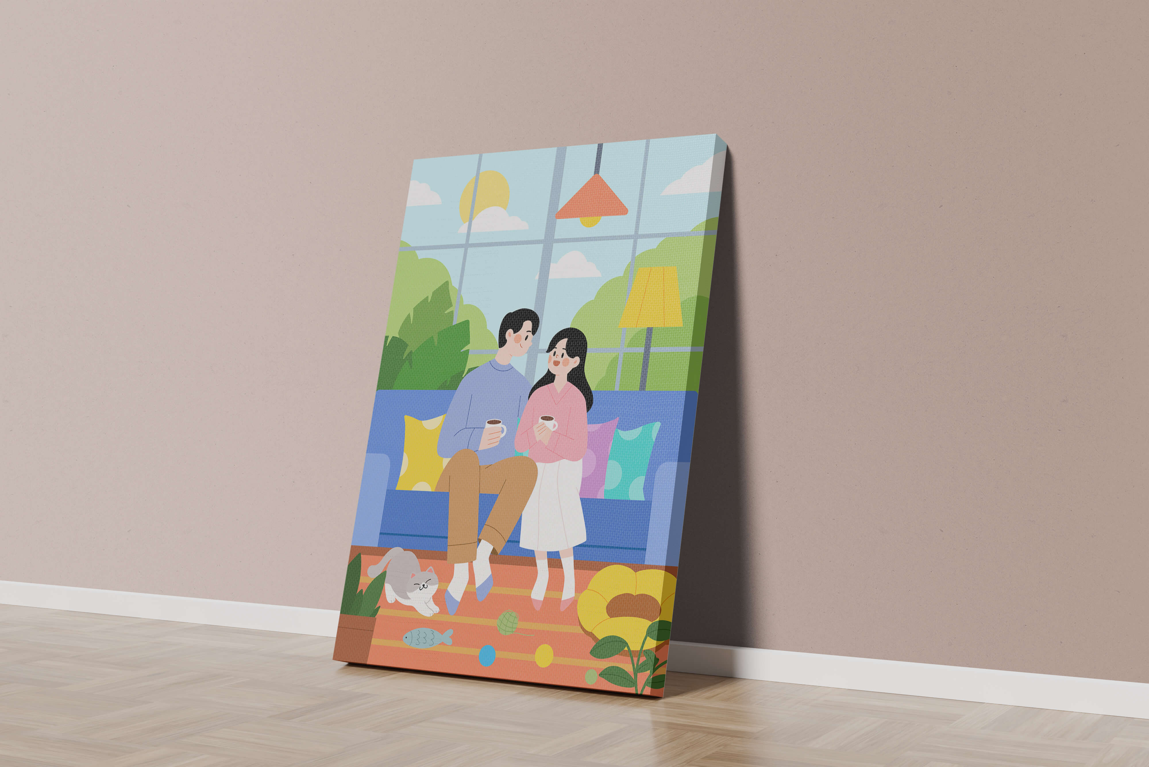 Cozy living room scene with couple and playful cat