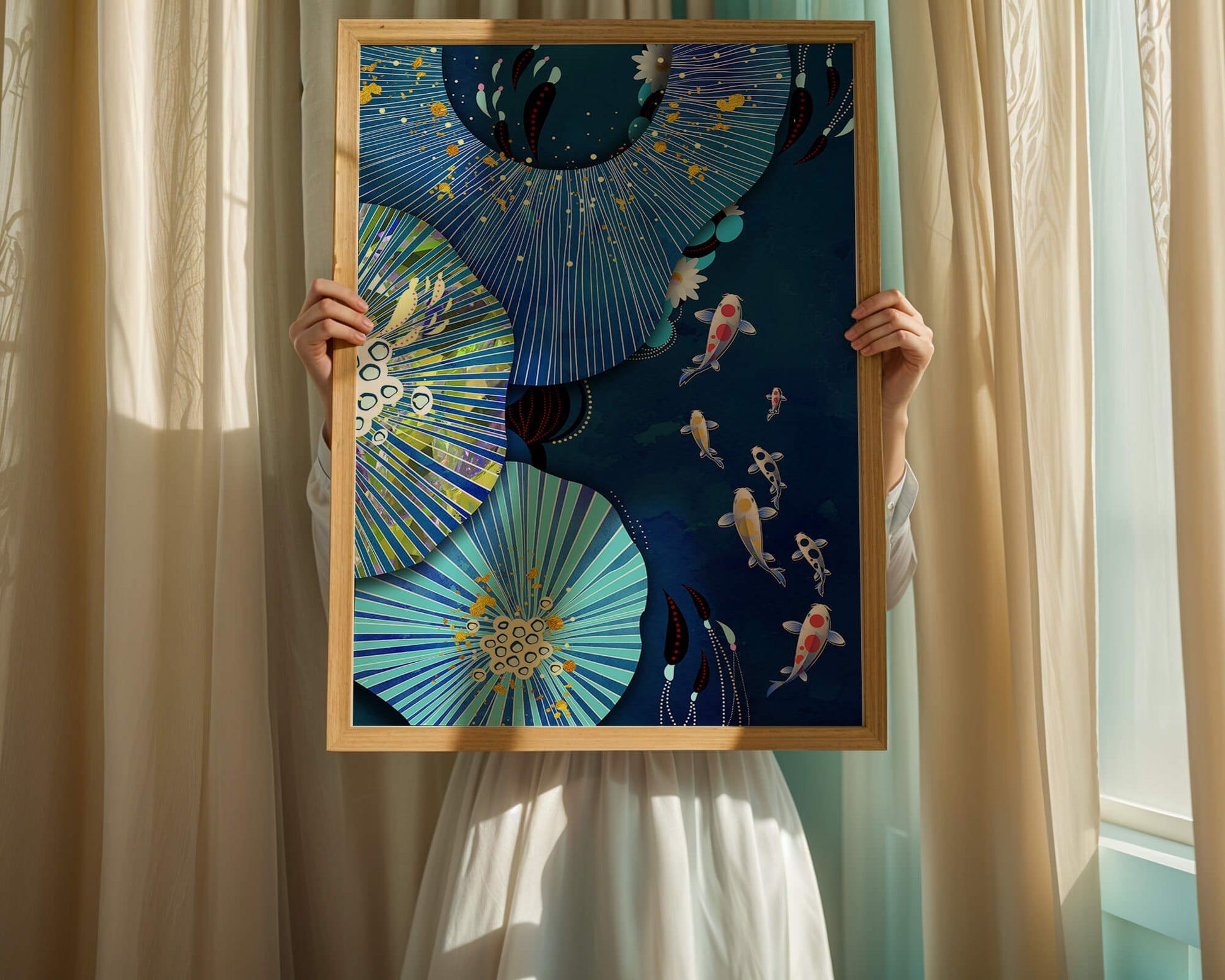 Vibrant underwater scene with koi fish and abstract floral design