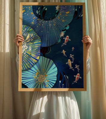 Vibrant underwater scene with koi fish and abstract floral design