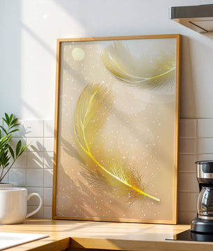 Elegant golden feathers with sparkling particles on soft background