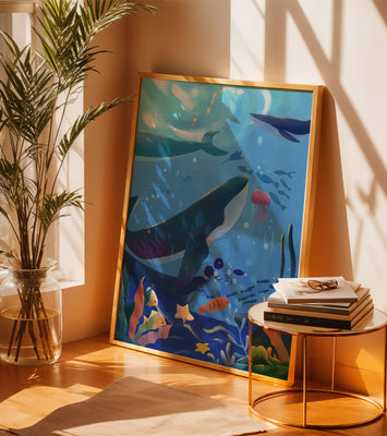 Underwater scene with whales, fish, and coral reef
