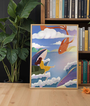 Escena onírica con vida marina y figura flotante en el cielo