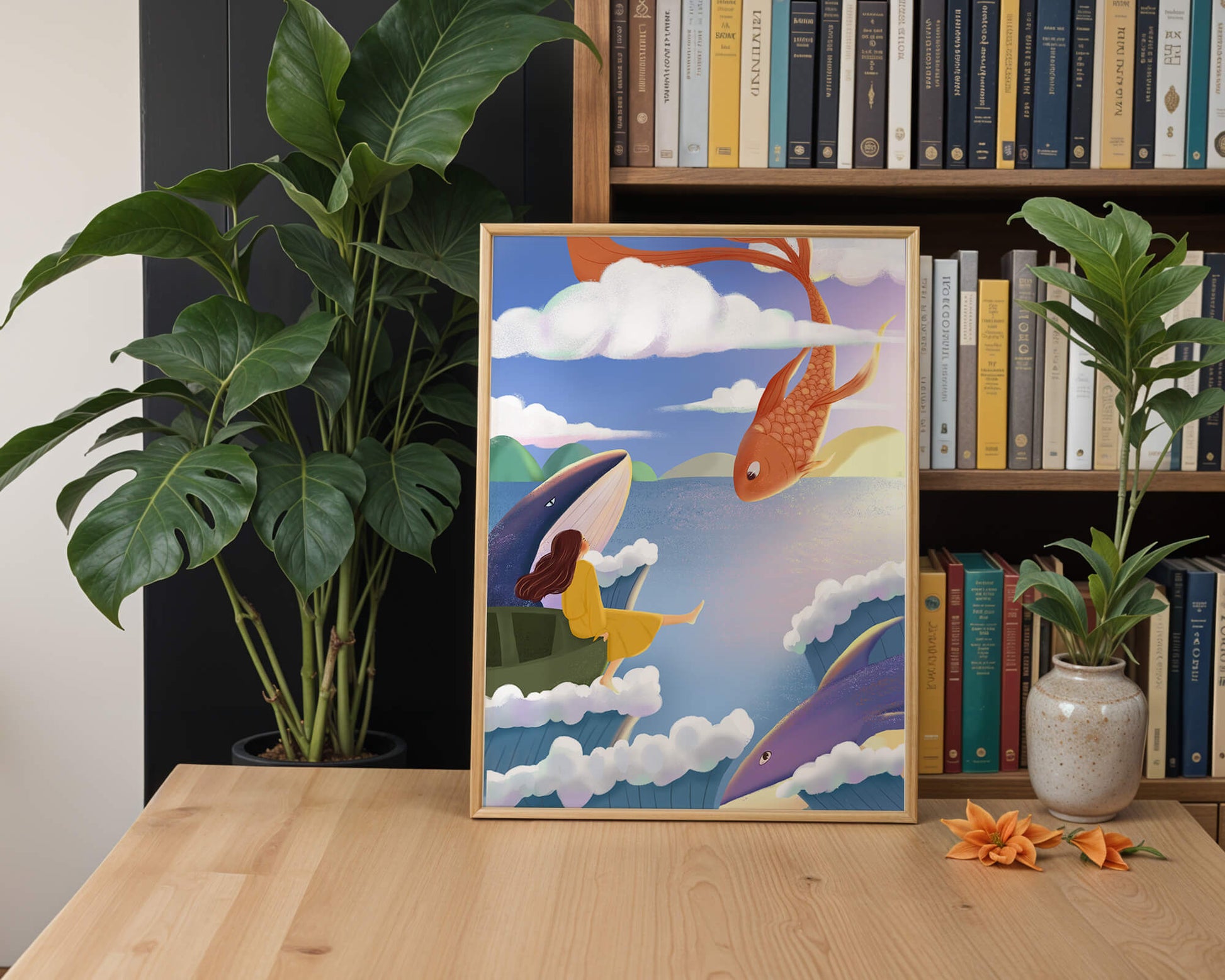 Dreamlike scene with marine life and floating figure in the sky