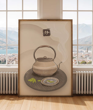 Traditional Japanese teapot with steaming tea and serene setting