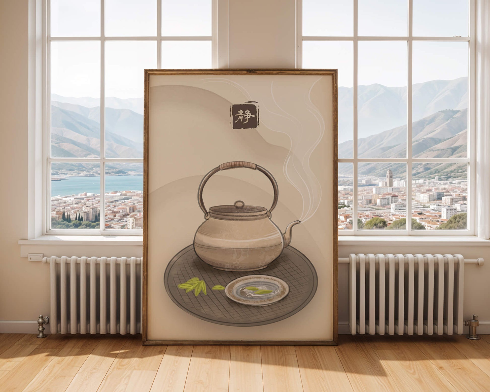 Tetera japonesa tradicional con té humeante y ambiente sereno