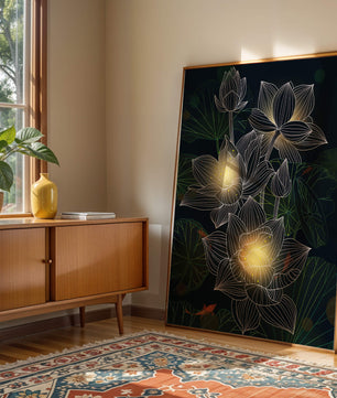 Lotus Flowers with Glowing Accents and Koi Fish Underwater