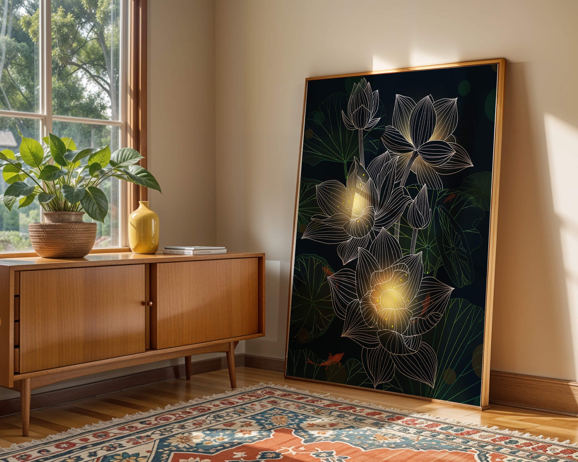 Flores de loto con detalles luminosos y peces koi bajo el agua