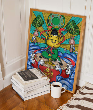 Colorful illustration of a mythical creature with traditional elements and vibrant colors