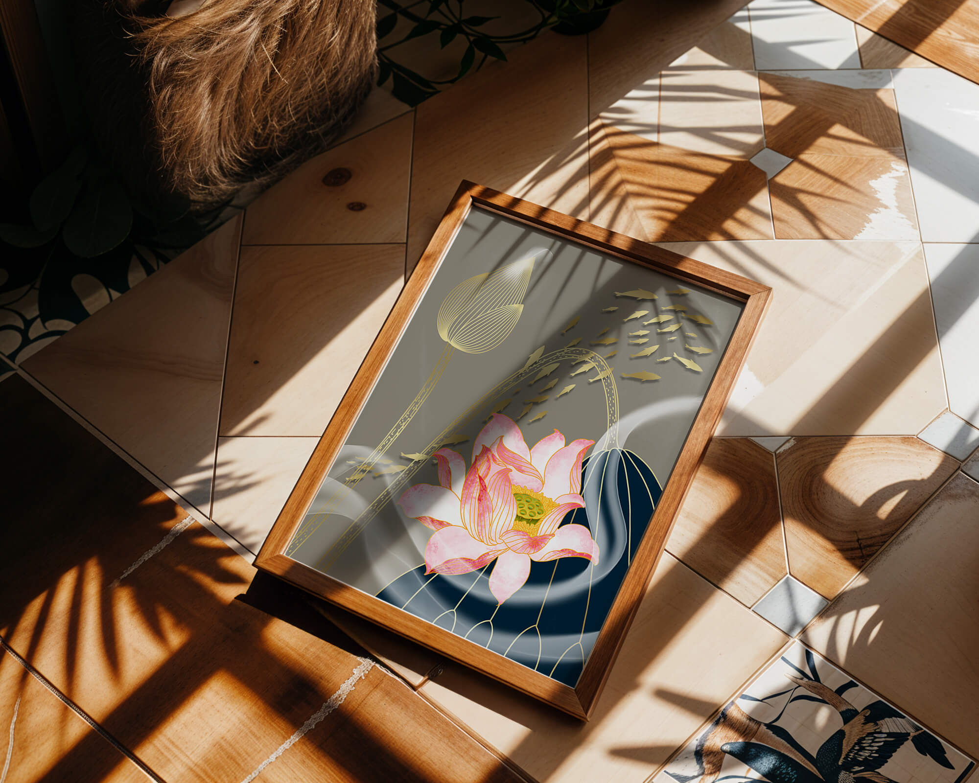 Elegant floral design with blooming lotus and golden fish accents