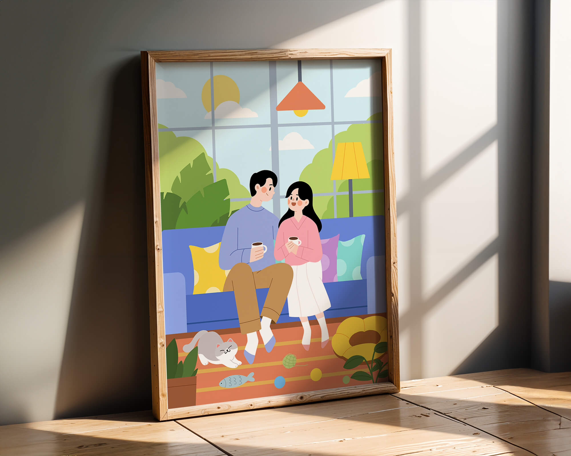 Cozy living room scene with couple and playful cat