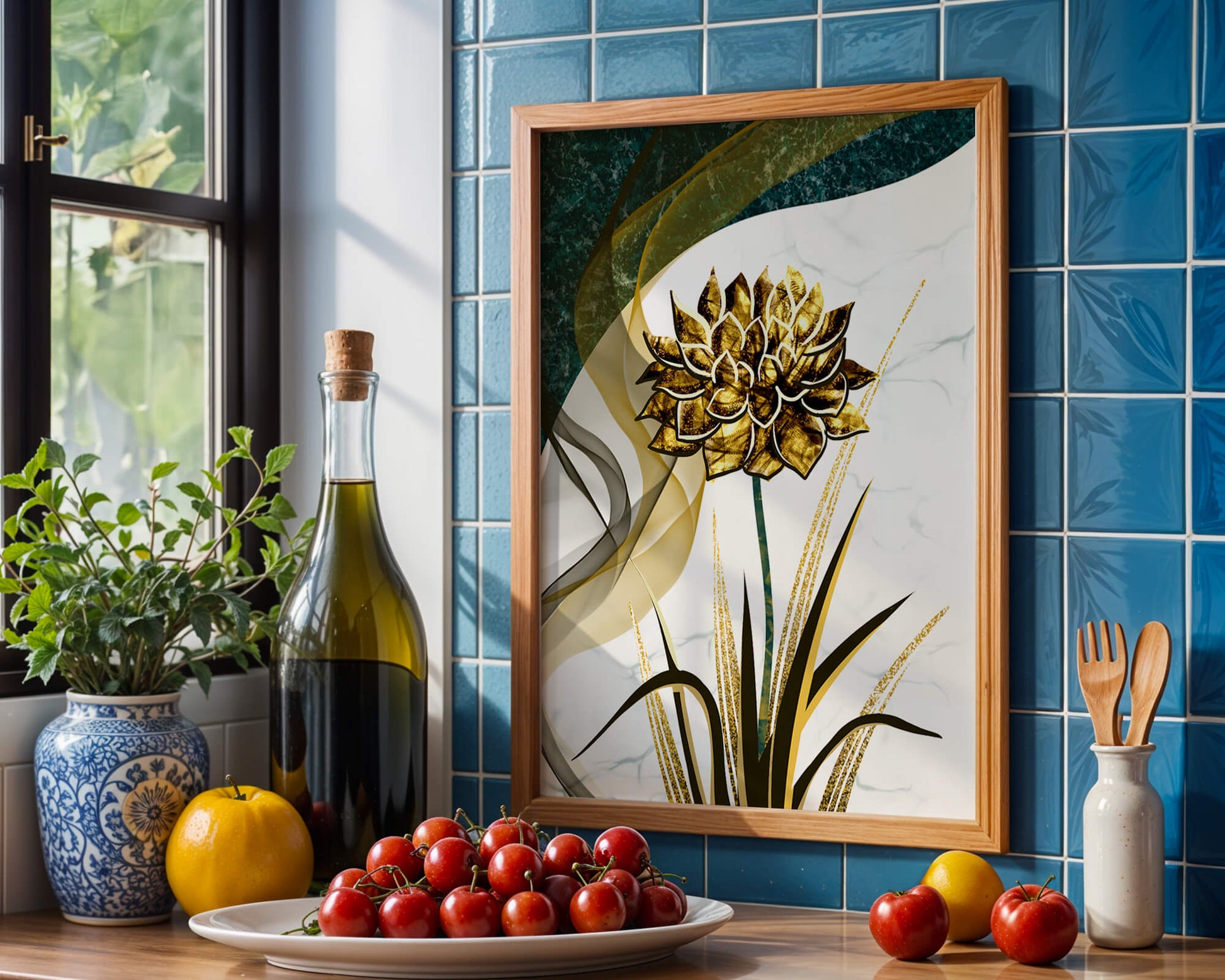 Golden flower artwork with abstract background for contemporary decor