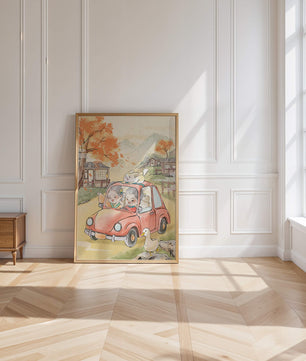 Charmante Landfahrt mit verspielten Charakteren und herbstlicher Landschaft