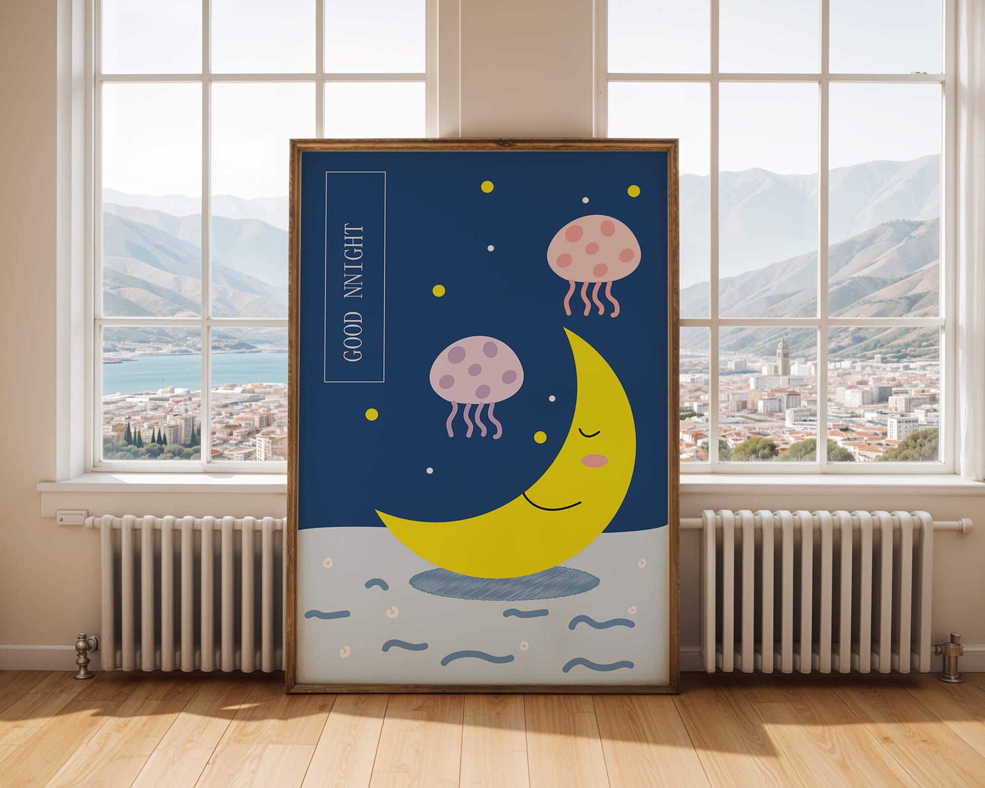 Whimsical night scene with a smiling moon and playful jellyfish