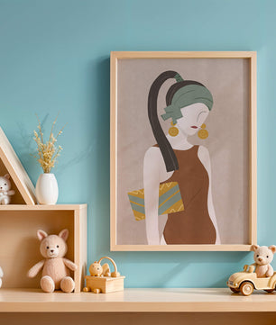Retrato de mujer estilizado con colores apagados y elementos geométricos