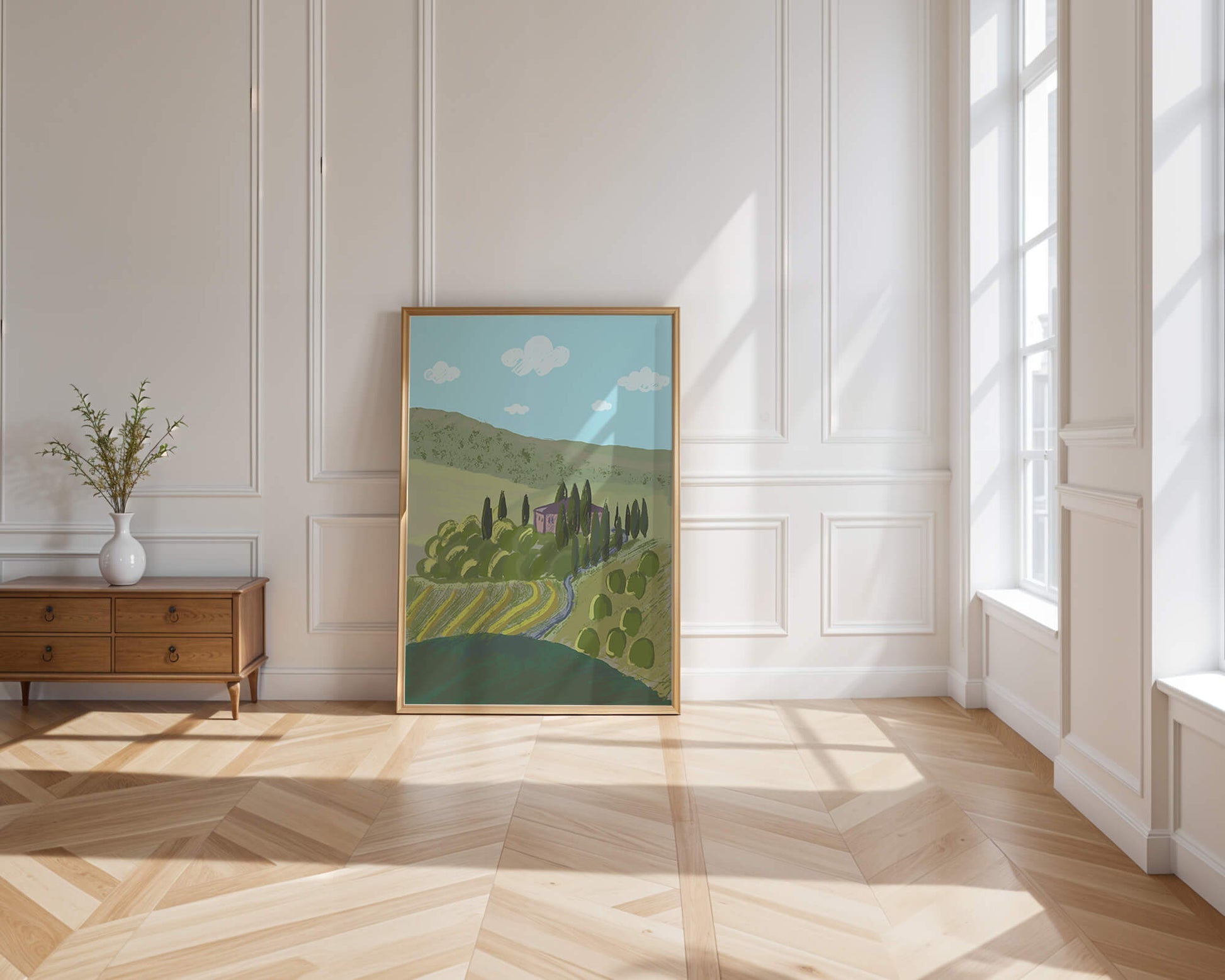 Charming Tuscan Countryside Landscape with Rolling Hills and Cypress Trees