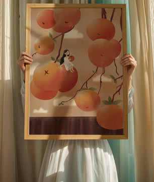 Whimsical illustration of girl with giant oranges and branches