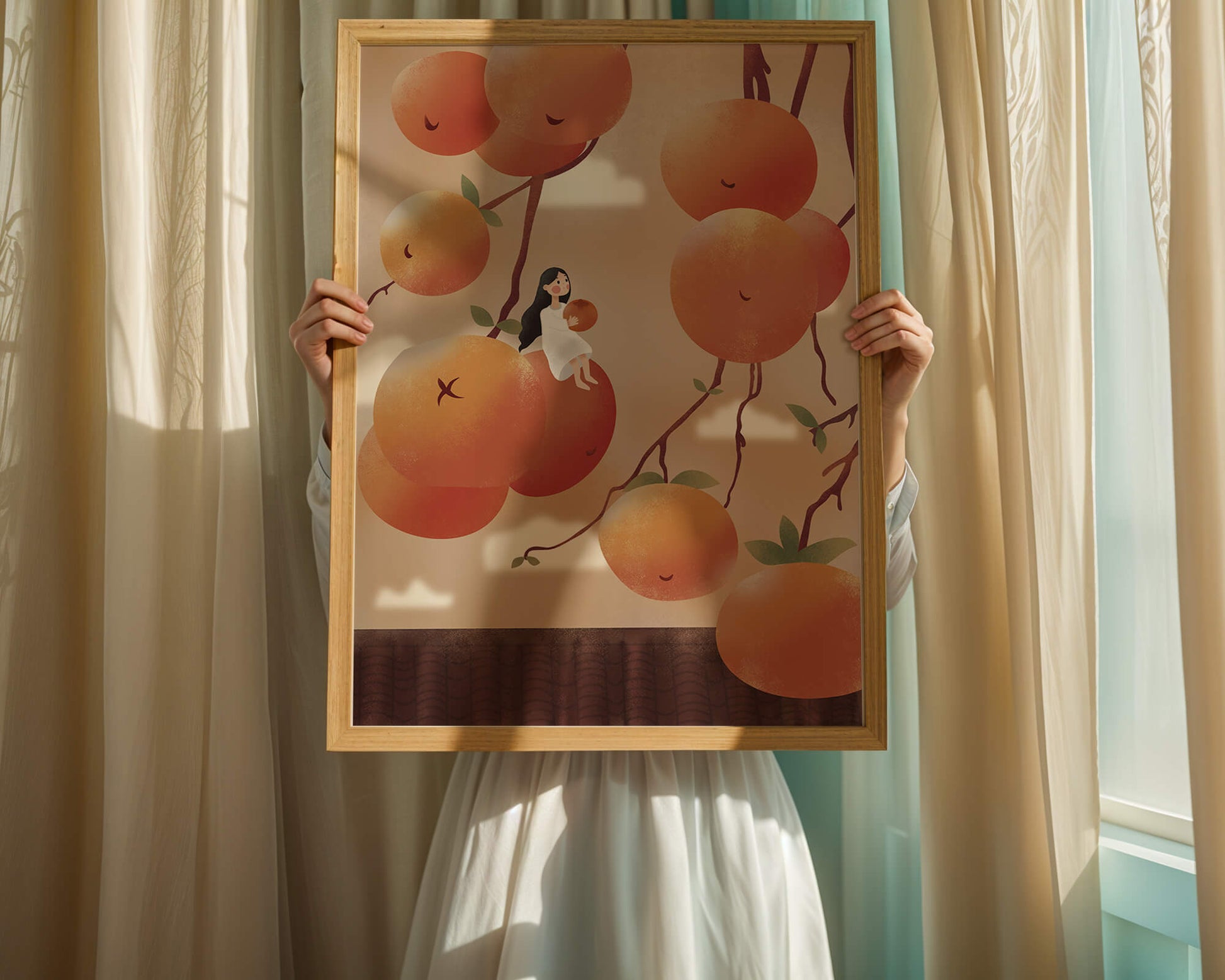 Whimsical illustration of girl with giant oranges and branches
