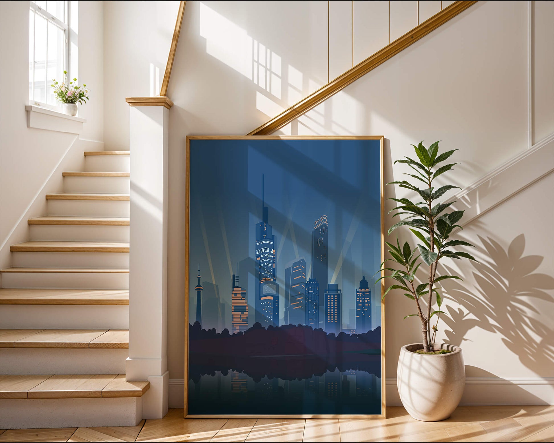 Modern cityscape with illuminated skyscrapers reflecting on water