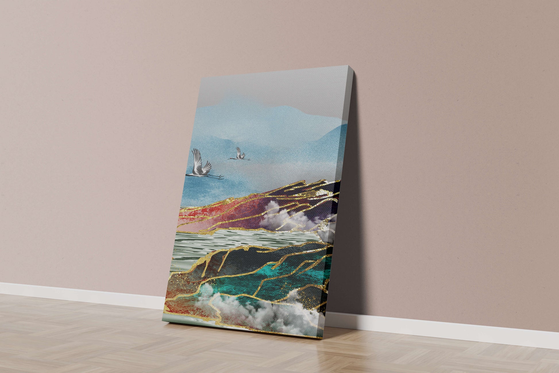 Majestic Landscape With Flying Cranes And Golden Accents