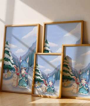 Winter scene with cute chibi character and bunny in snowy landscape
