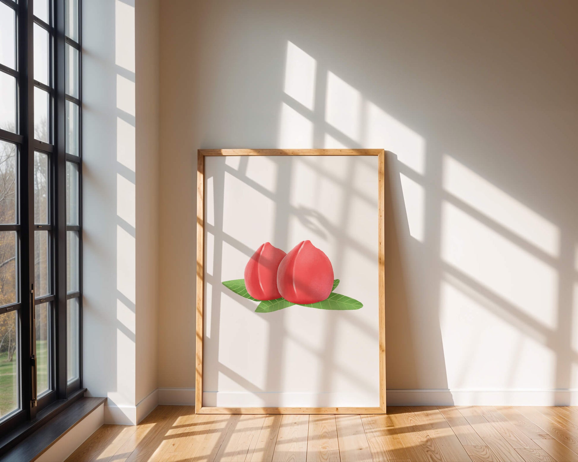 Realistic illustration of juicy peaches with green leaves