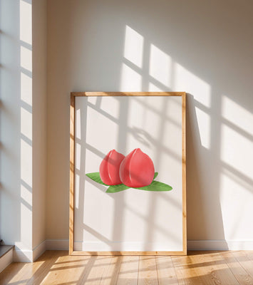 Realistic illustration of juicy peaches with green leaves
