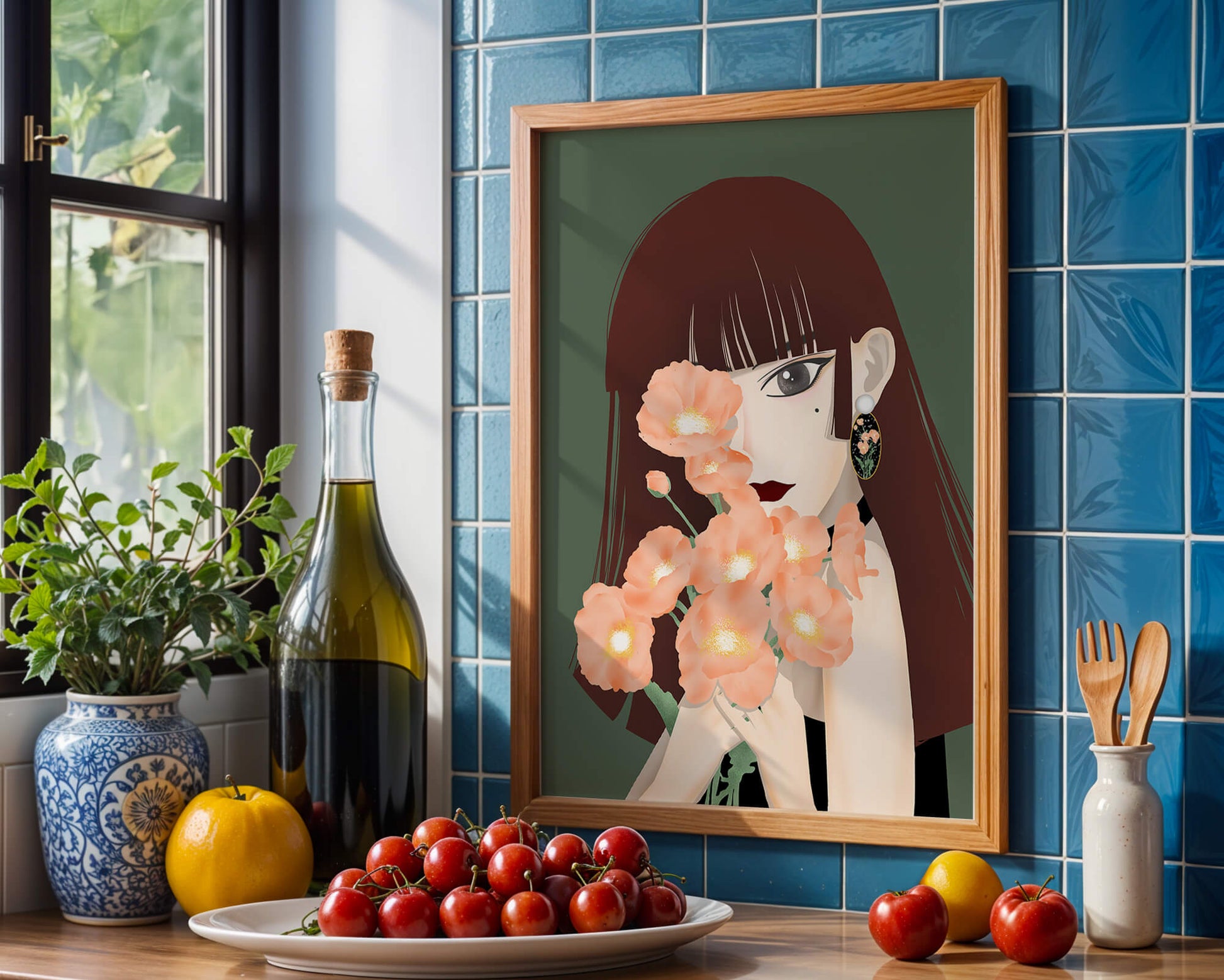 Porträt einer Frau mit Blumenstrauß und elegantem Ohrring