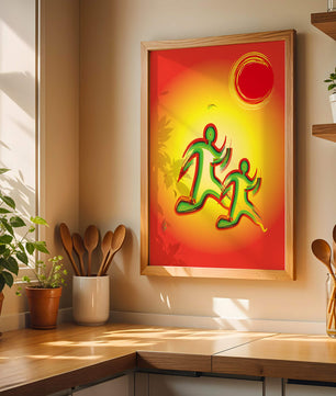 Abstract colorful figures under a vibrant sun with warm tones