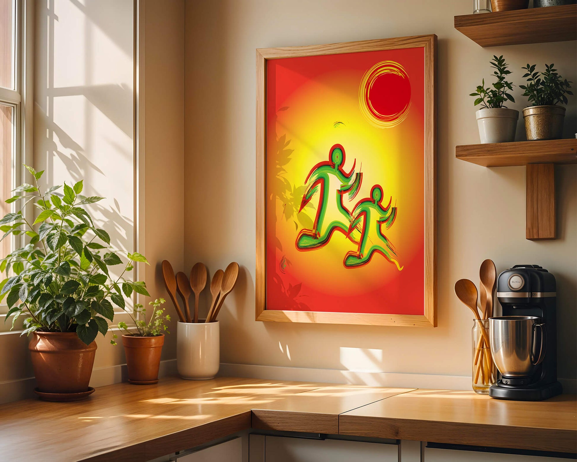 Abstract colorful figures under a vibrant sun with warm tones