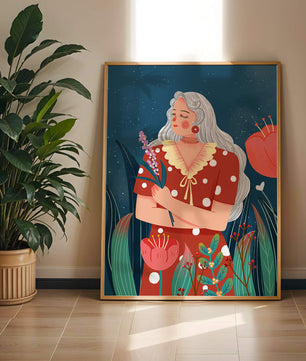 Serene illustration of a woman with flowers under a starry night sky