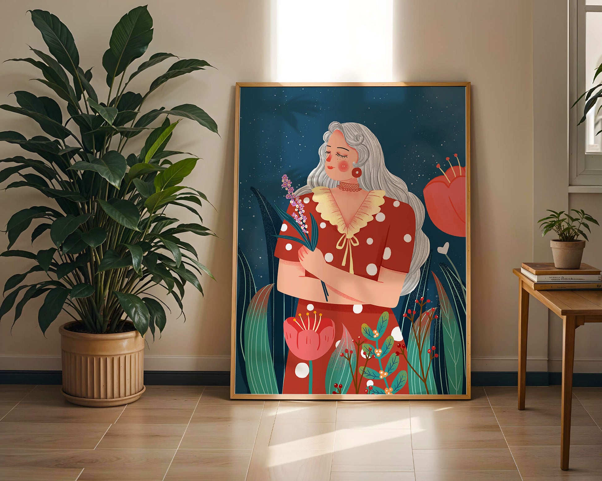 Serene illustration of a woman with flowers under a starry night sky