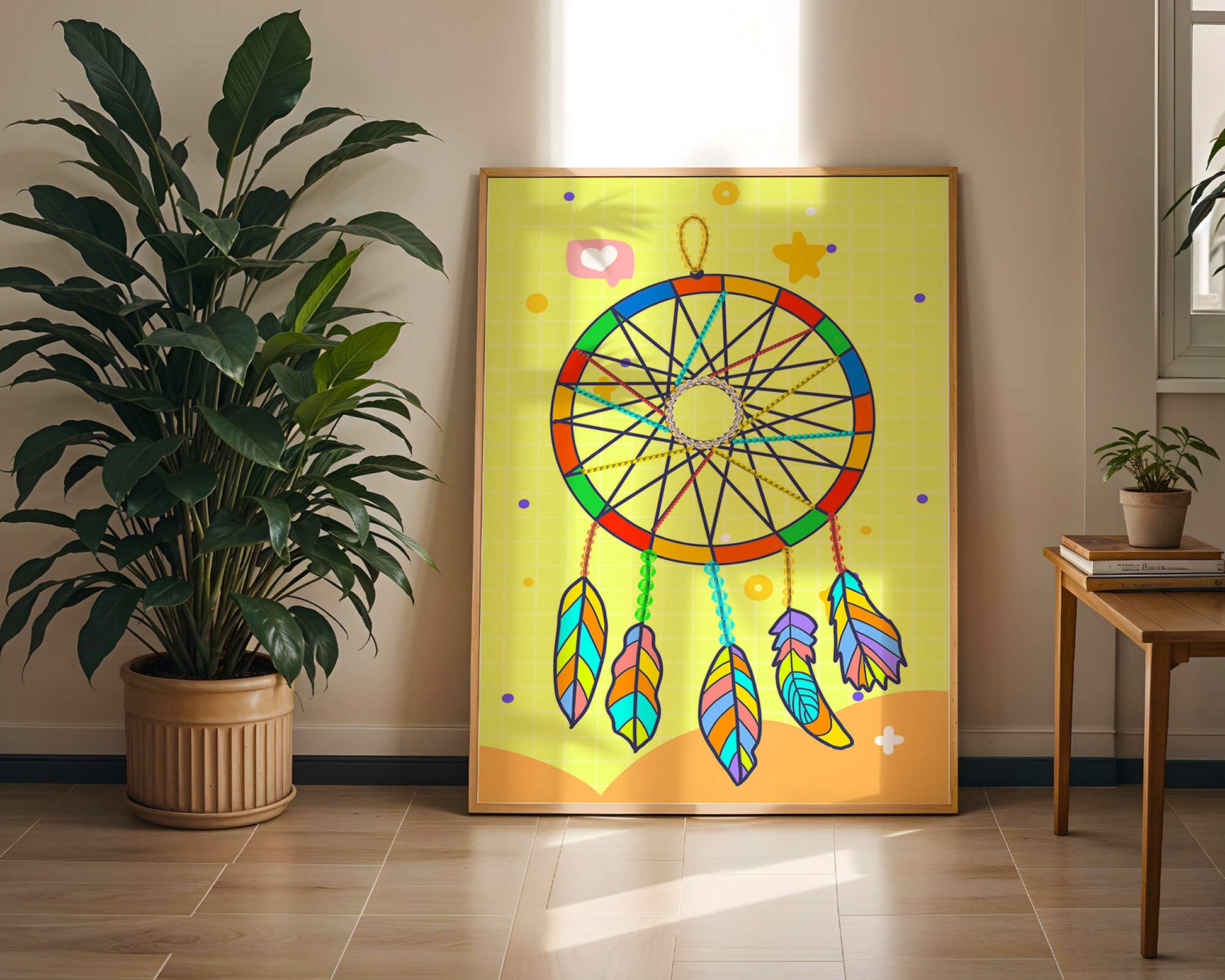 Colorful dreamcatcher on a vibrant yellow background