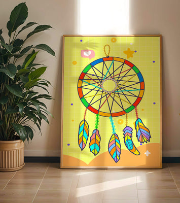 Colorful dreamcatcher on a vibrant yellow background