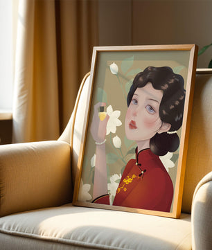 Captivating portrait of a woman in traditional attire with floral backdrop