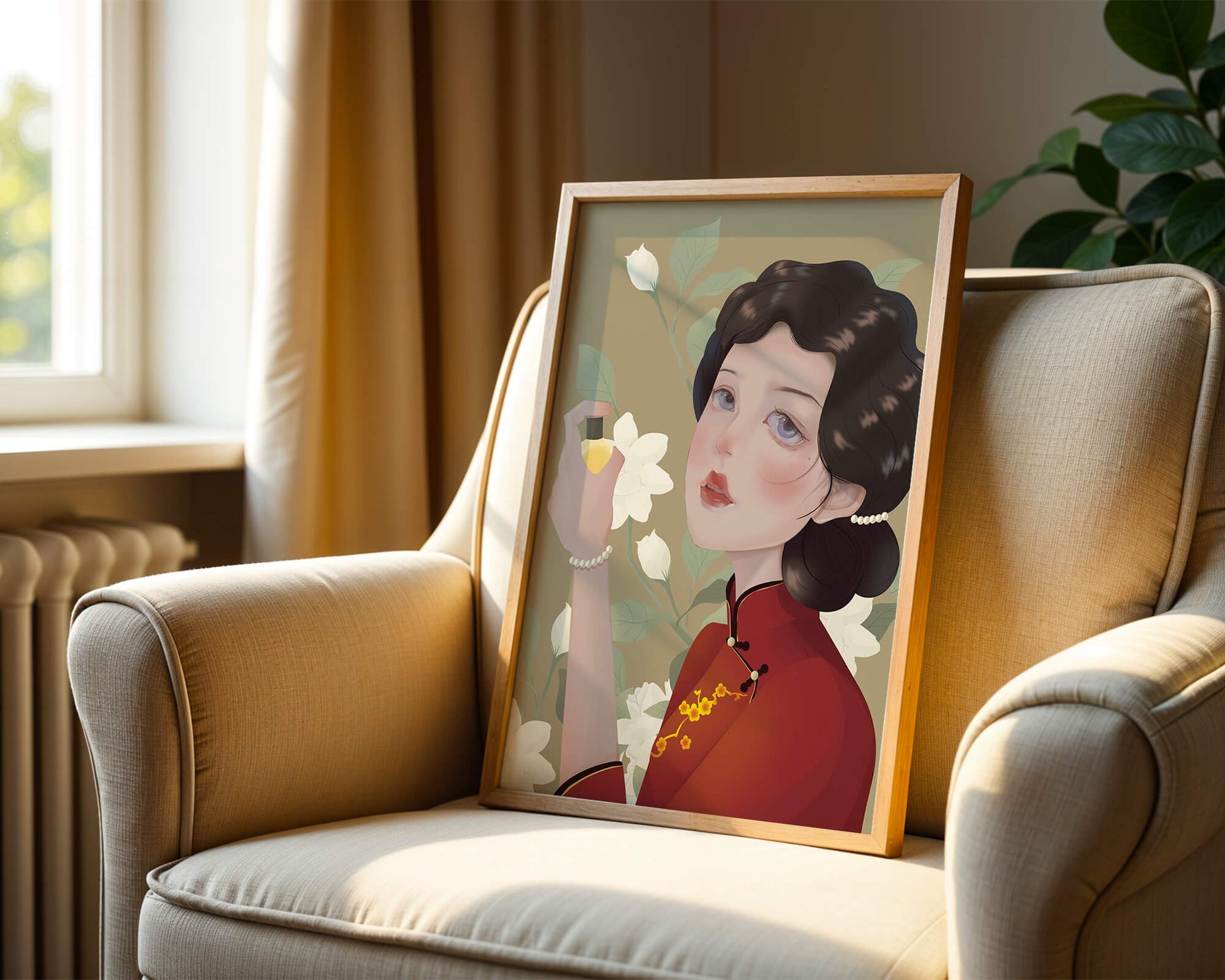 Captivating portrait of a woman in traditional attire with floral backdrop