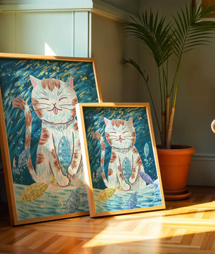 Gato caprichoso con peces coloridos y pinceladas juguetonas
