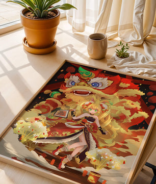 Colorful anime-inspired scene with a lion dance and festive character