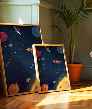 Farbenfrohes Weltraumabenteuer mit Planeten und Raketenillustration