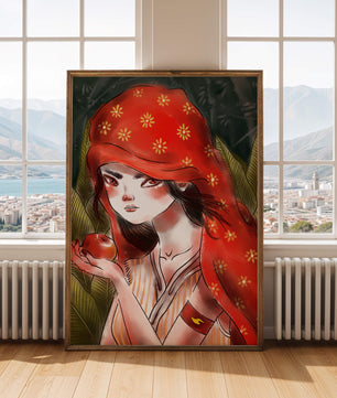 Illustration d'une fille en capuchon rouge tenant une pomme dans une forêt