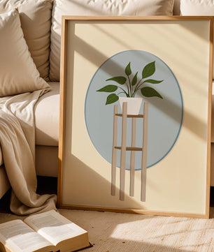 Illustration botanique moderne d'une plante en pot sur un support en bois