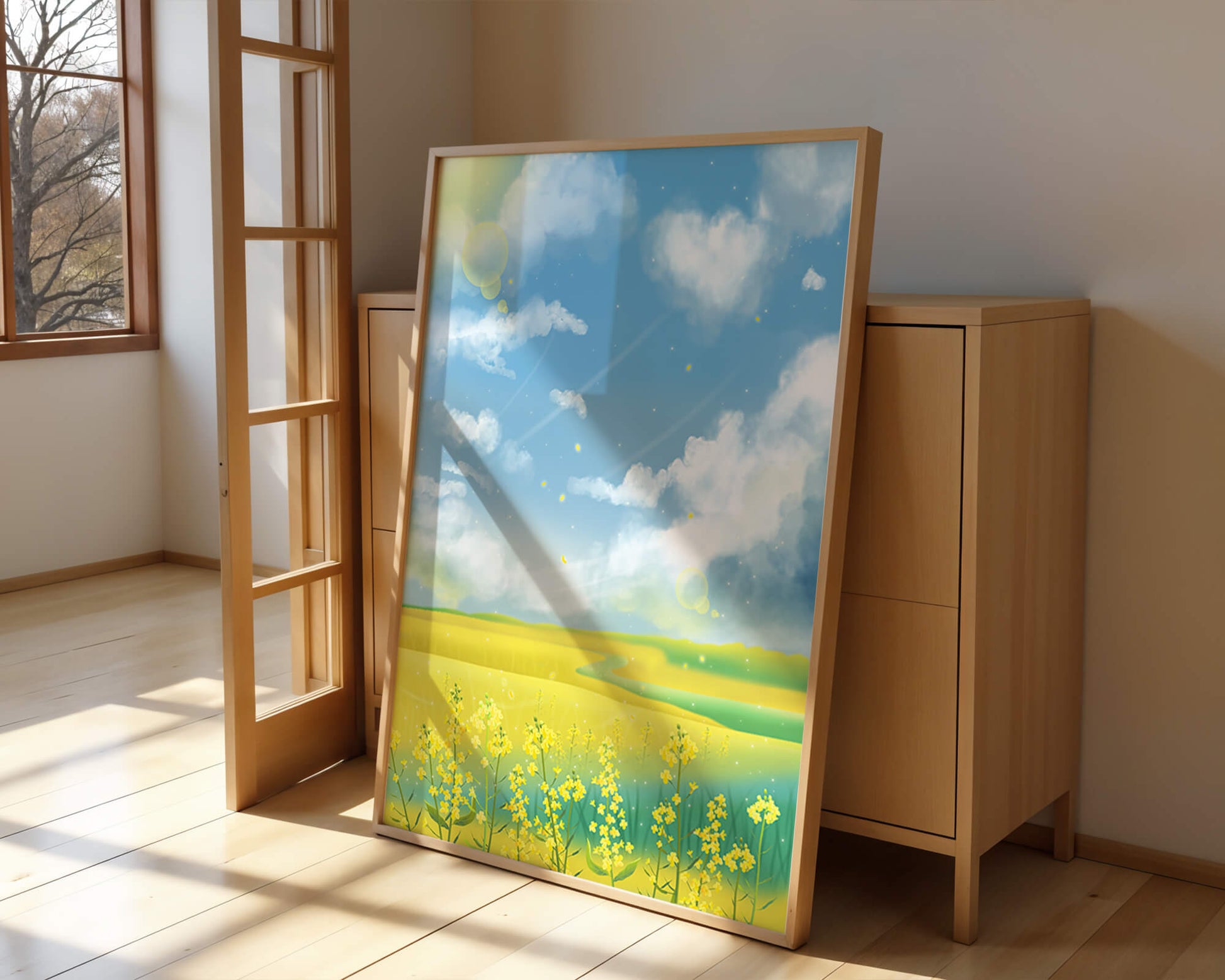 Sunny Meadow with Yellow Flowers and Blue Sky Scenic Art