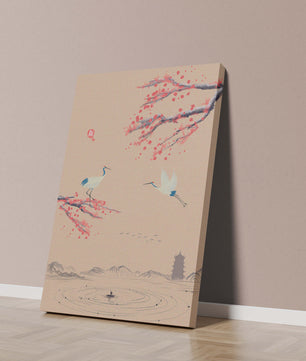 Paysage asiatique élégant avec des grues et des branches de cerisier en fleurs