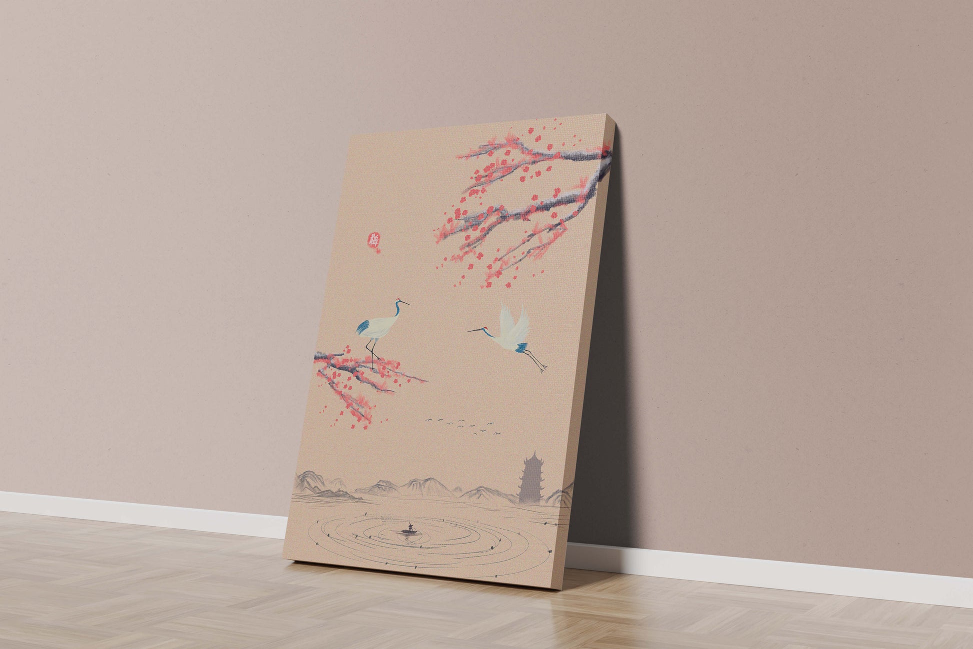 Elegant Asian landscape with cranes and cherry blossom branches