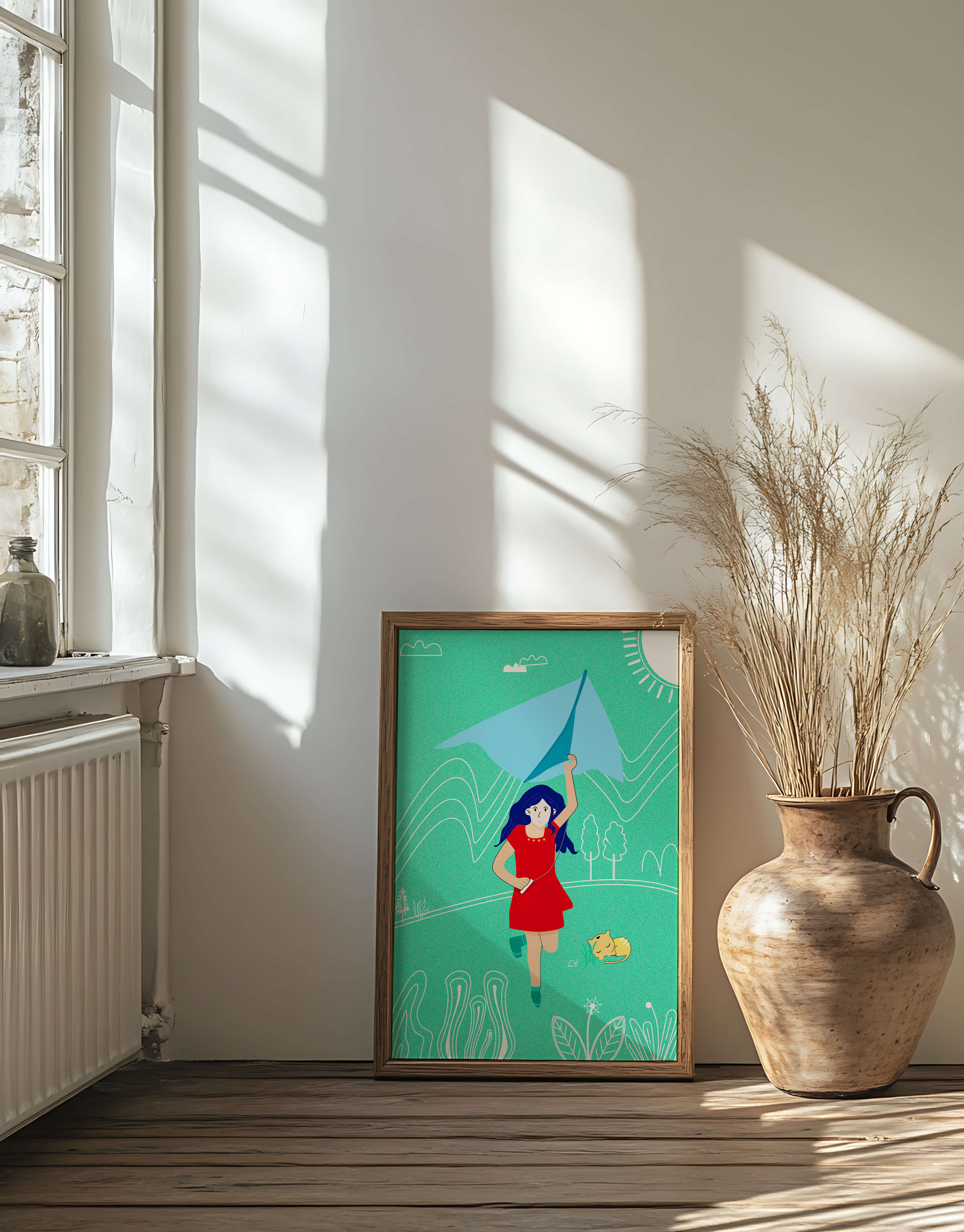 Illustration of a girl with a kite in a whimsical landscape