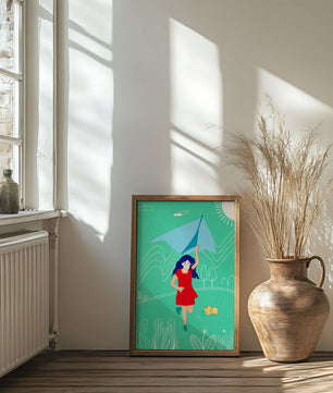 Illustration d'une fille avec un cerf-volant dans un paysage fantaisiste