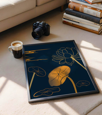 Golden Lotus Flowers in Abstract Night Sky